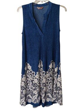 SJS Sz S Sleeveless Blue Floral Tunic Dress W/ V-Neckline & Lace Look Hem #I-11